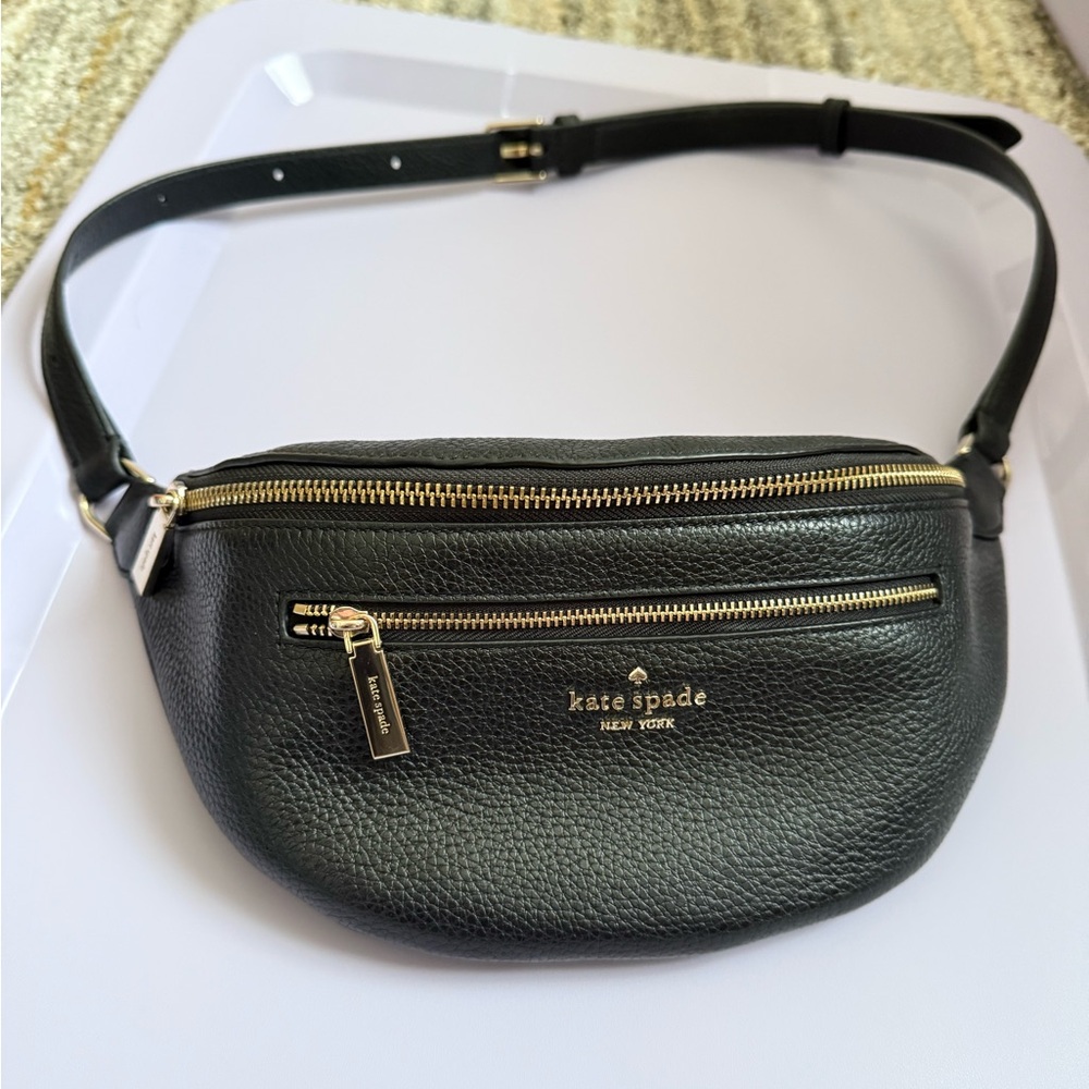 Kate Spade Black Leather Belt Bag with Gold Accents